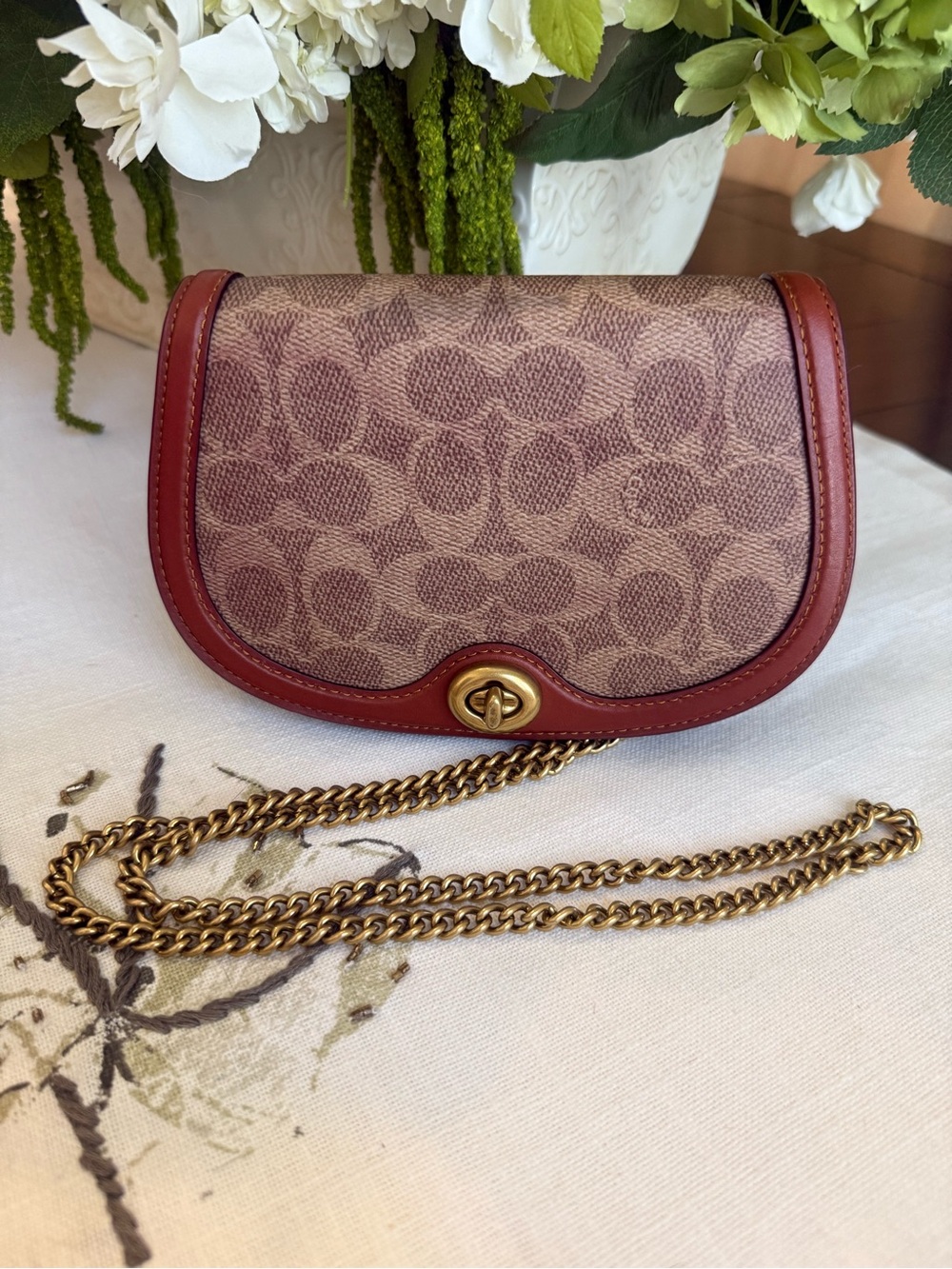 Coach Small Signature Crossbody in Tan and Brown with Gold Chain